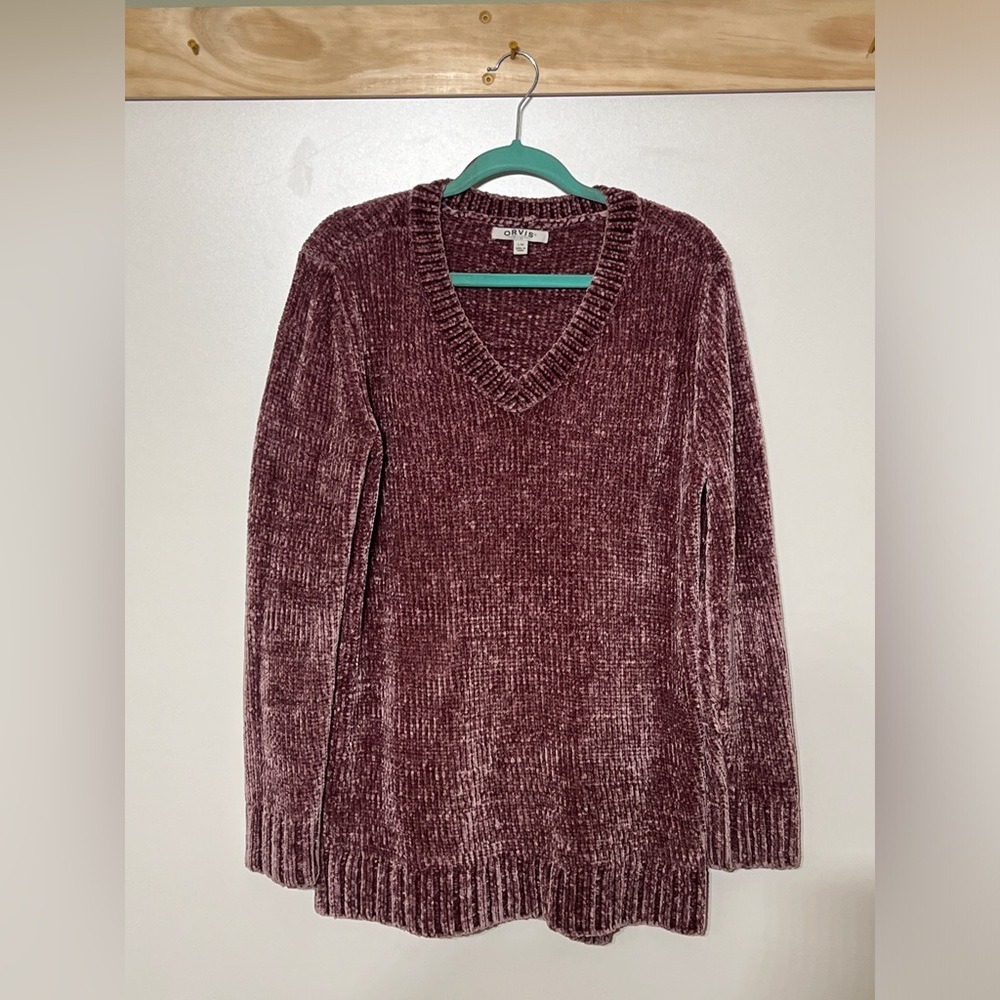 Orvis Chenille V-neck Chunky Sweater Mauve Pink Women Size Large Soft Comfy